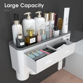 iHave large-capacity tray stores brushes, toothpaste, and cosmetics for a busy family.