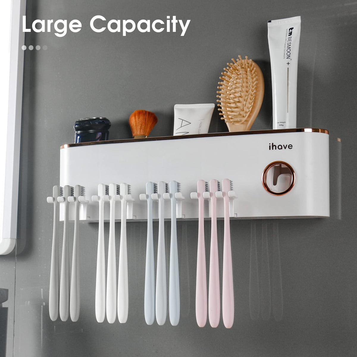 ihave toothpaste dispenser integrated with holder for mess-free toothpaste squeezing.