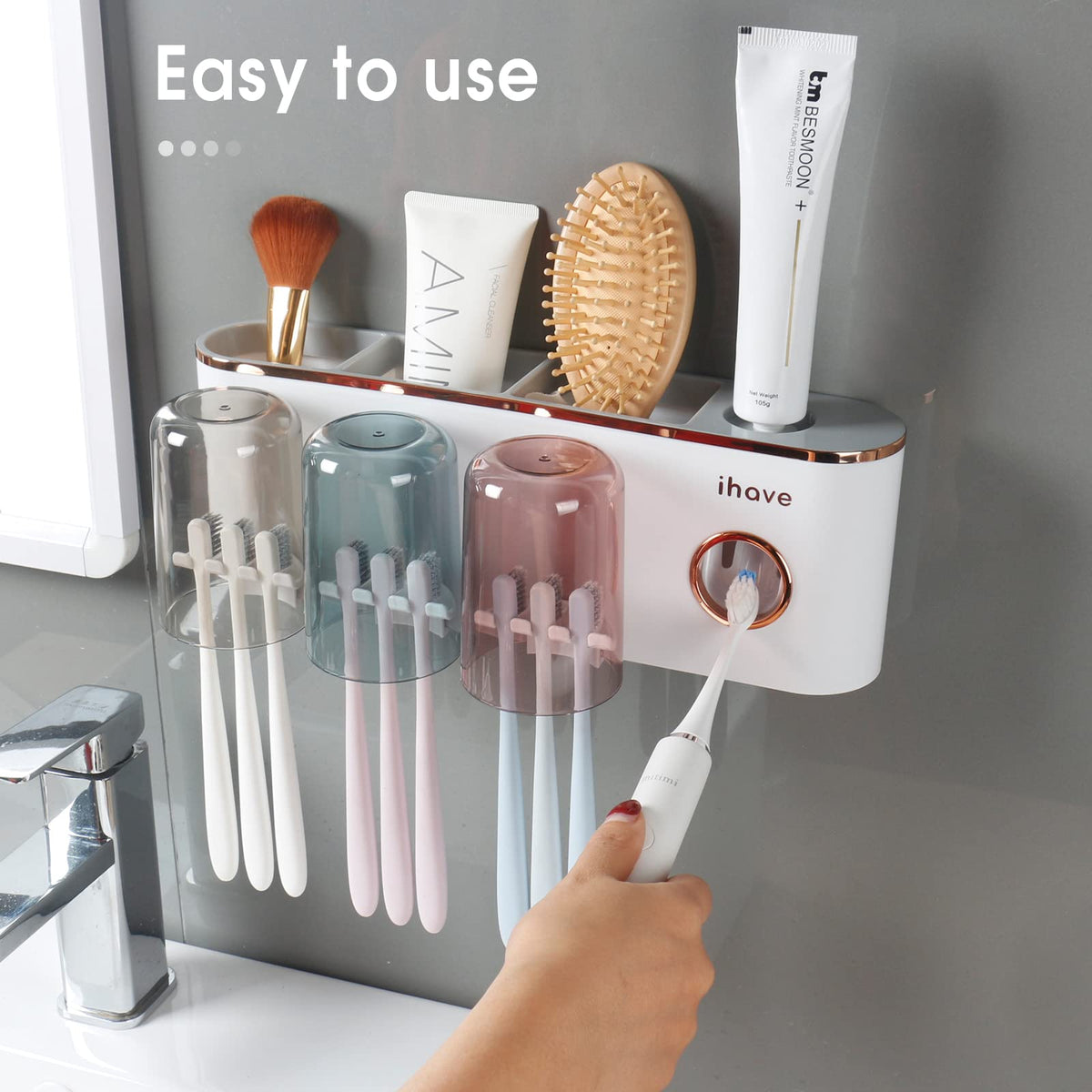 iHave waterproof, dustproof bathroom organizer attached with a strong adhesive strip.