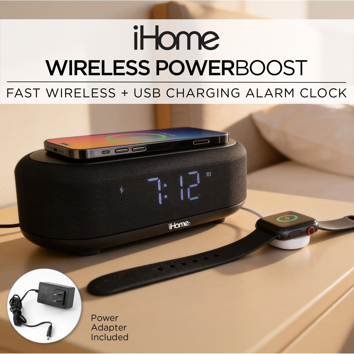 iHome iBTW112 dimmable display on bedside clock reduces glare