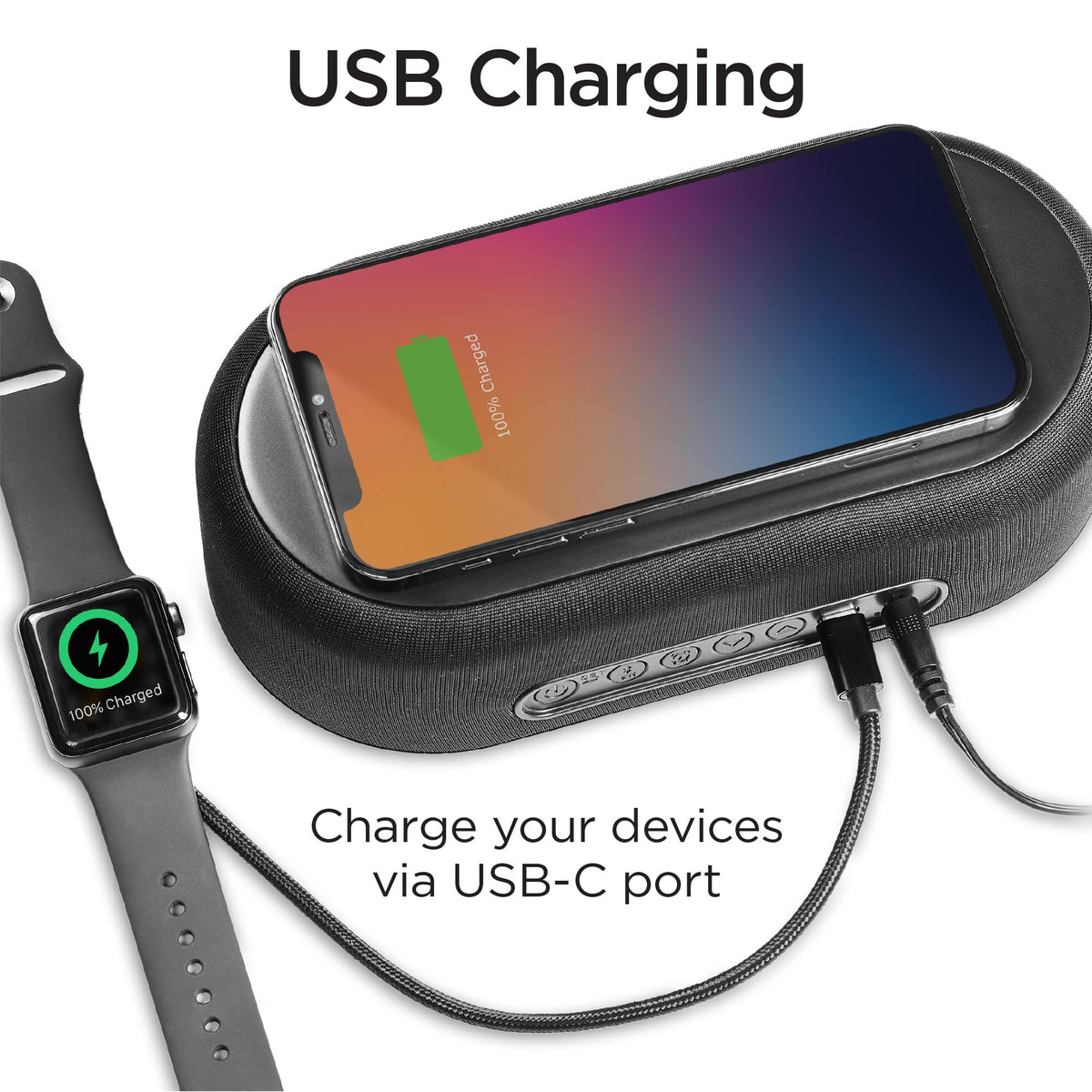 iHome iBTW112 USB-C charger back panel powers multiple devices