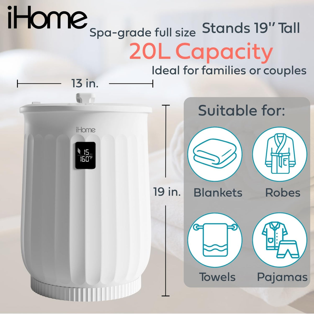 iHome Luxury 20L towel warmer interior shows space for two large towels