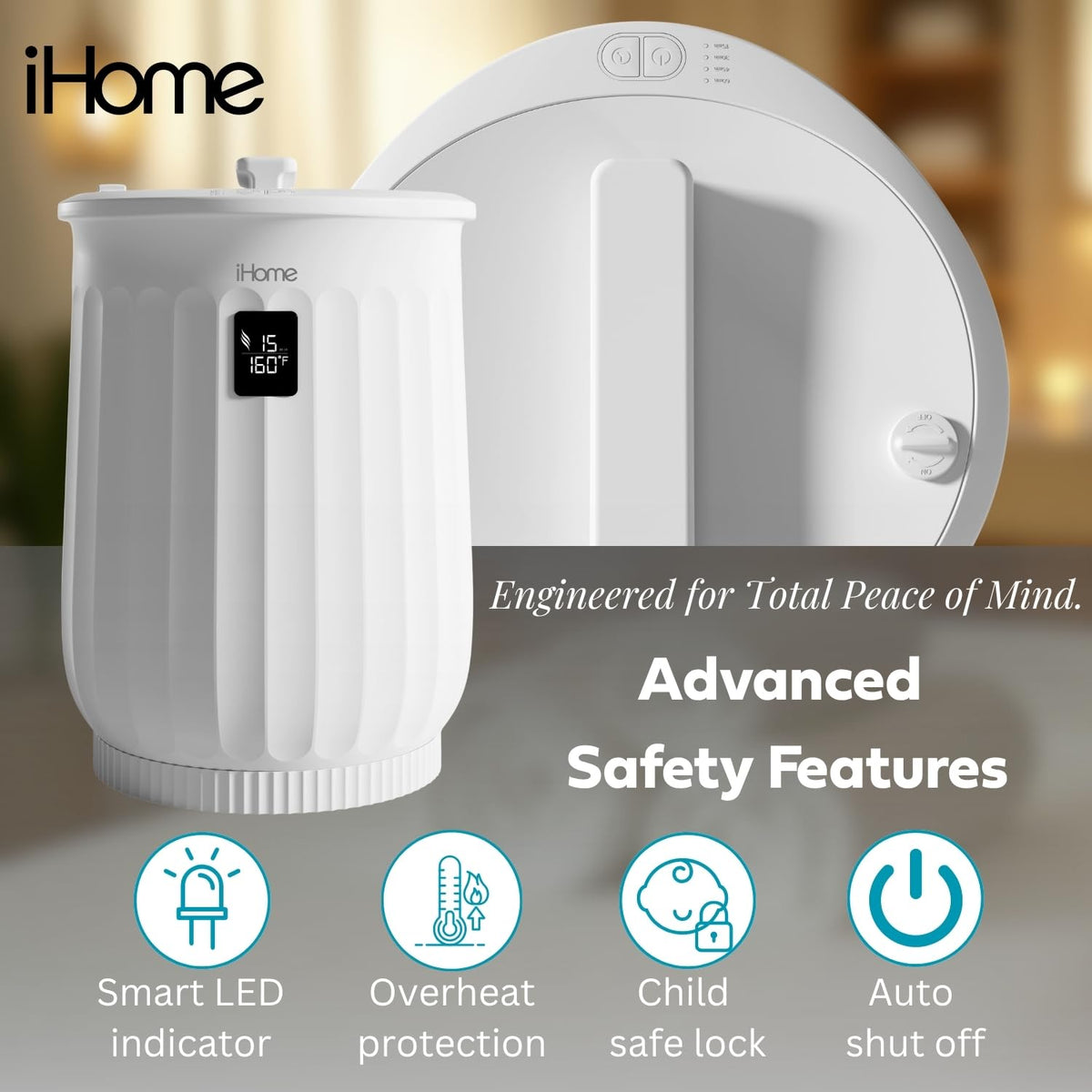 iHome Luxury 20L towel warmer LED display highlights temperature and timer