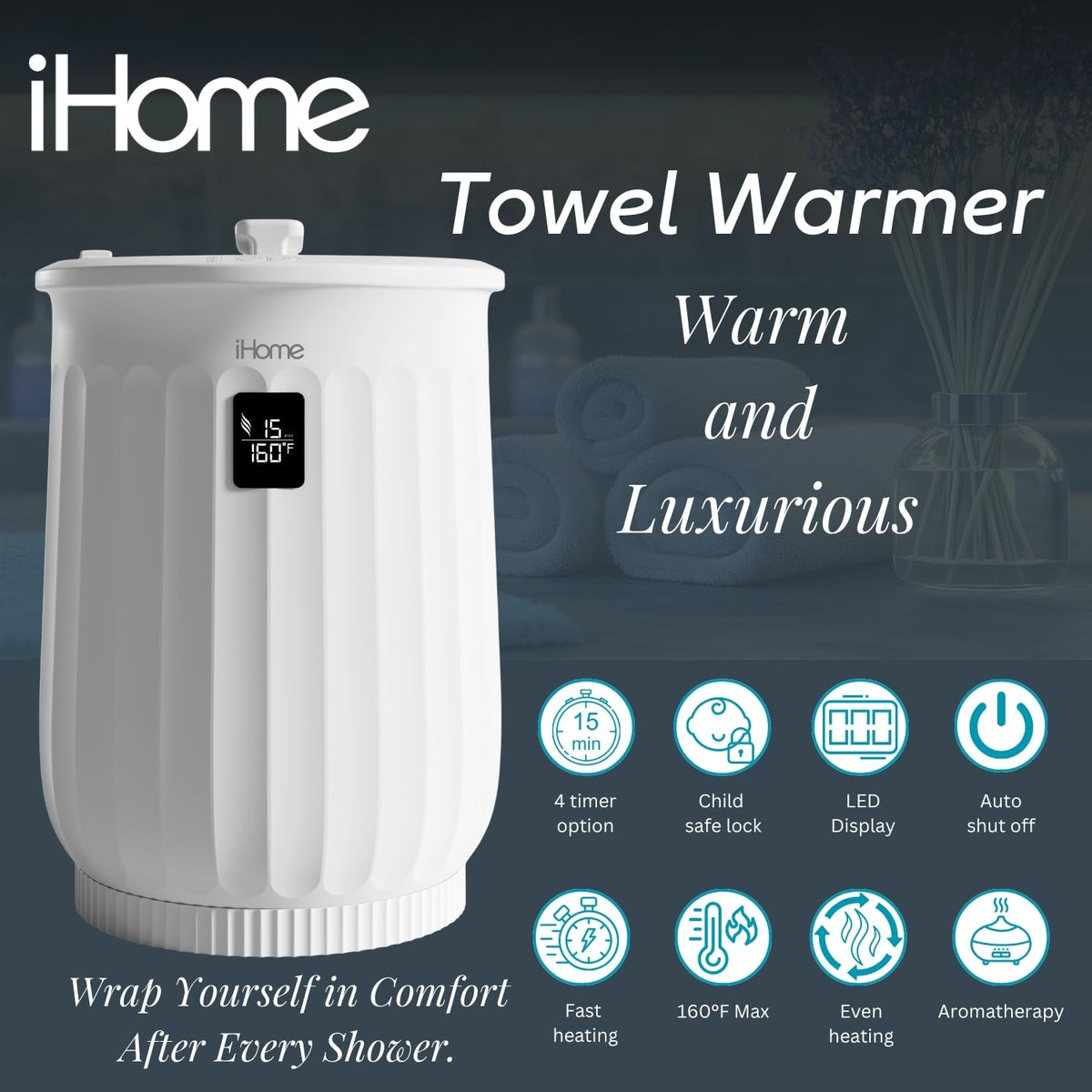 iHome Luxury 20L towel warmer lid-open view for easy loading