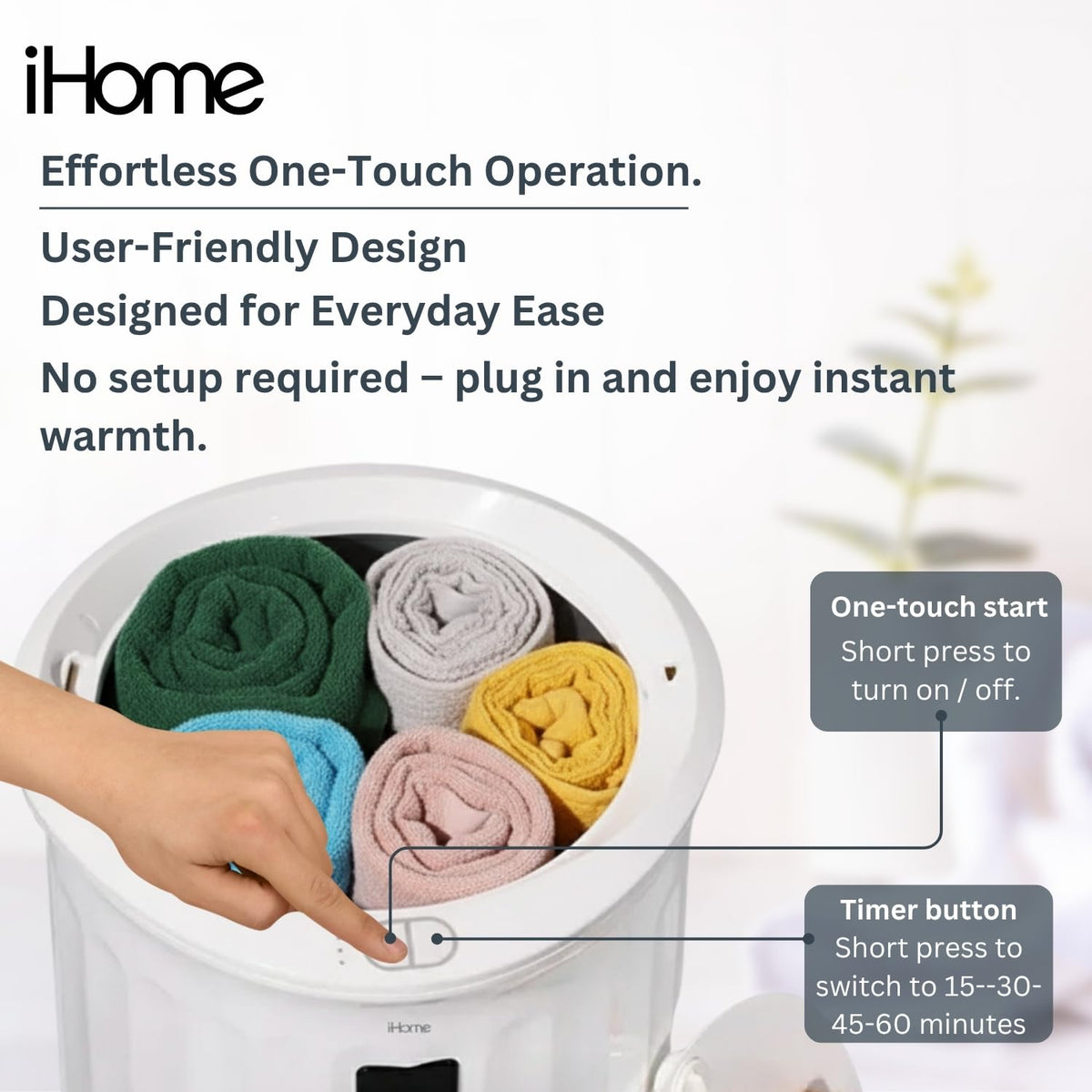 iHome Luxury 20L towel warmer adjustable temperature and four timer options