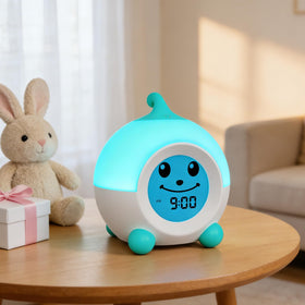 iHoo Ok to Wake alarm clock night light showing color options for bedtime routines