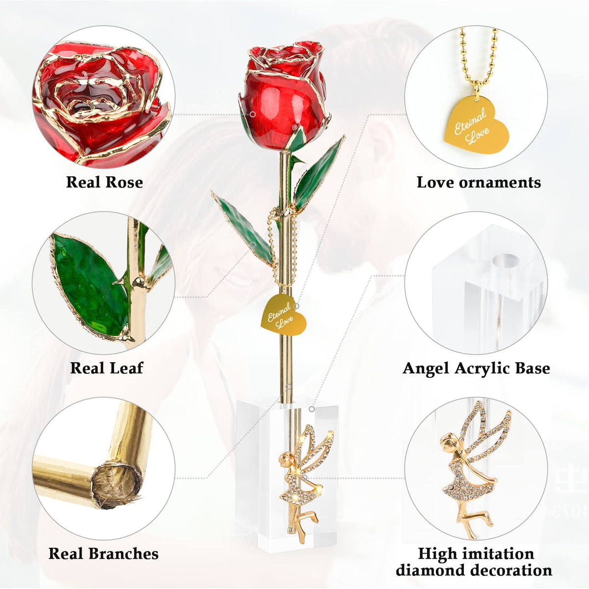 ihoomee forever 24K gold rose on crystal stand enhances decor