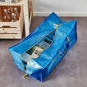 IKEA Frakta blue bag 4-pack open zipper for quick access.