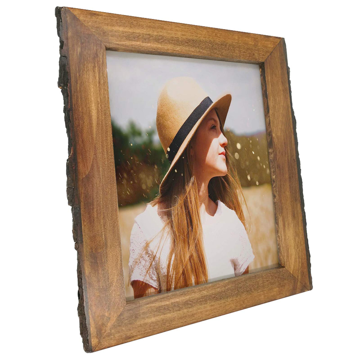 IKEREE bark-edges frame in rustic wood for warm home decor.