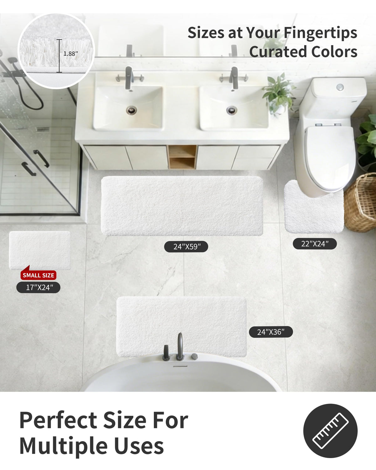 ILANGO plush bath mat with 1.8-inch pile offering luxury underfoot.