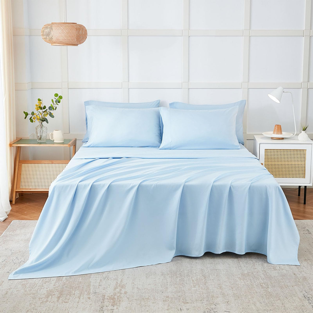ILAVANDE king-size blue fitted sheet 78x80 with deep pockets for secure fit