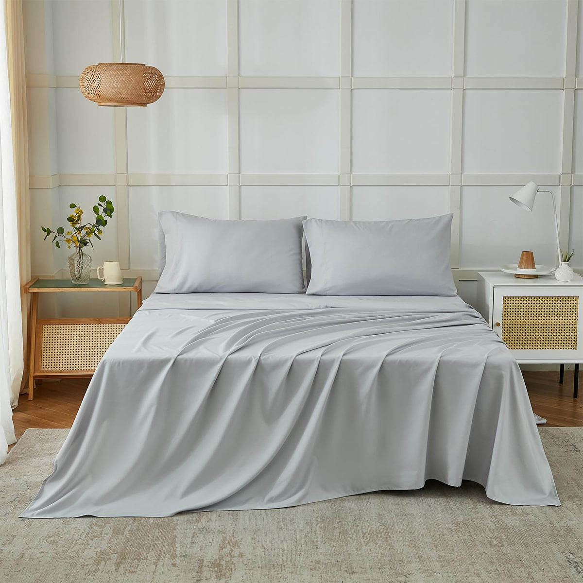 ILAVANDE king size sheet set folded neatly in grey, showcasing premium craftsmanship and easy care