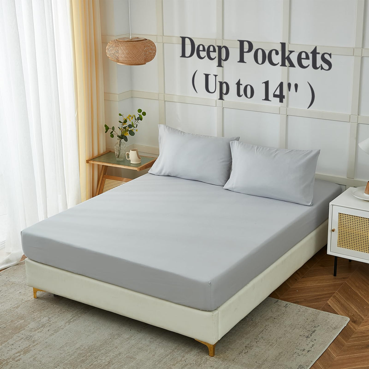 ILAVANDE king size sheet set on bed in grey demonstrates breathable microfiber for everyday comfort