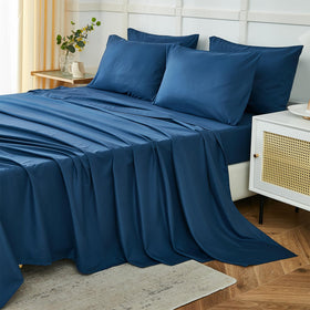 ILAVANDE navy blue king flat sheet close-up showing ultra-soft microfiber.