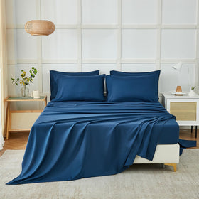 ILAVANDE Navy Blue Queen Fitted Sheet with 14-inch pocket provides secure fit on deep mattresses.