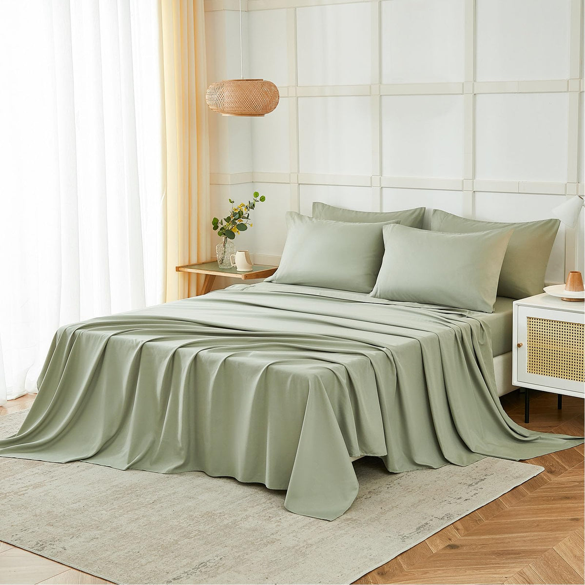 ILAVANDE Sage King sheets convey breathable, cool-to-the-touch comfort for year round use