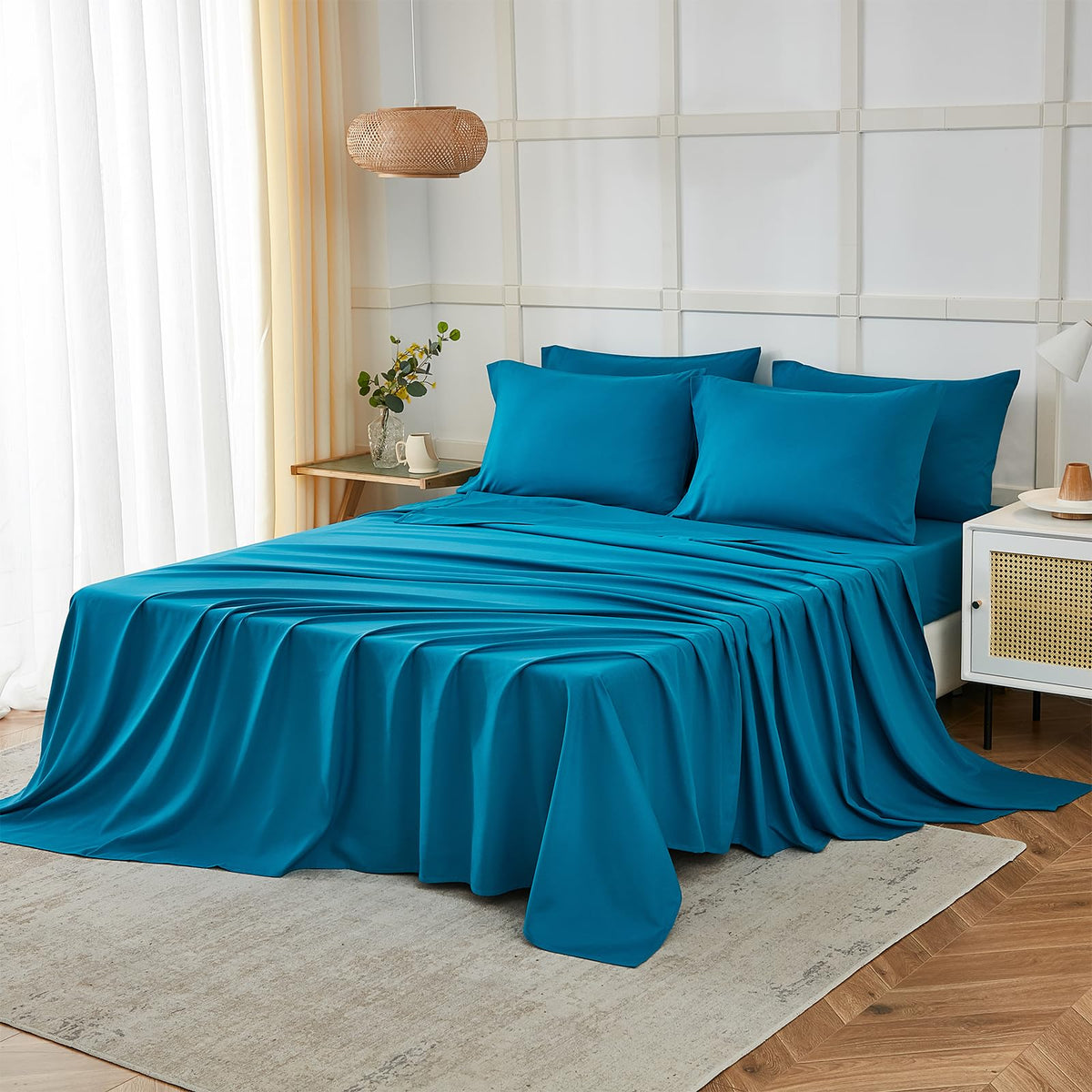 ILAVANDE Teal king sheets with deep 14 inch pockets stay put