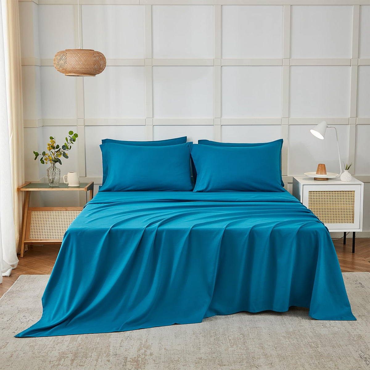 ILAVANDE Teal king fitted sheet with deep pockets for secure fit