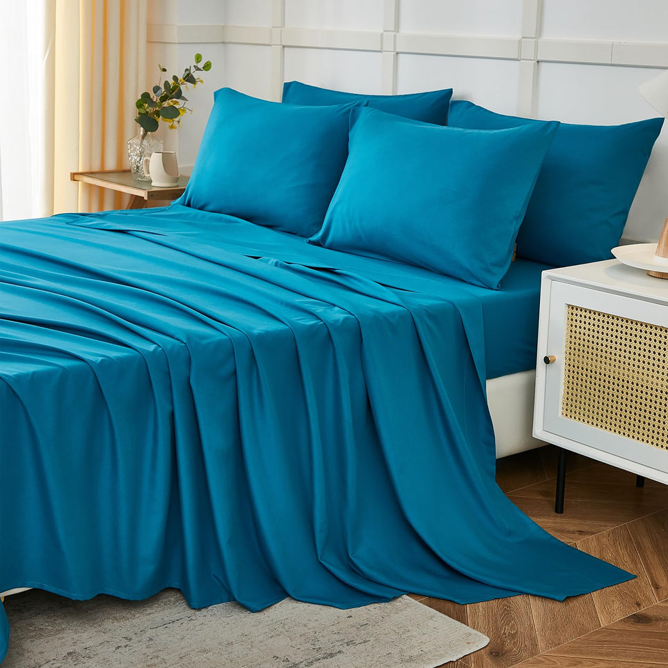 ILAVANDE Teal Queen flat sheet offers breathable softness for restful nights