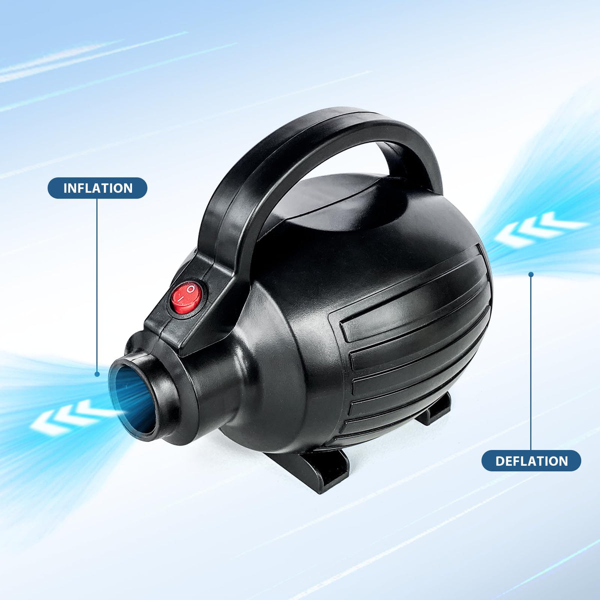 The iLink-outer air pump operation is shown inflating a pool toy with strong airflow.