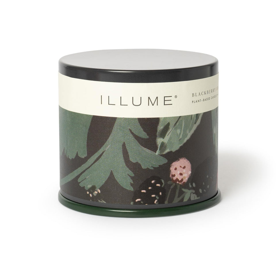 Illume Beautifully Done Essentials BlackBerry Absinthe vanity tin closeup, highlighting its elegant design for ambient lighting.