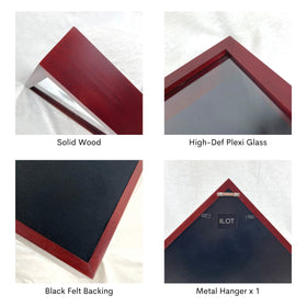 ILOT flag case dimensions show a compact footprint for wall or tabletop display.