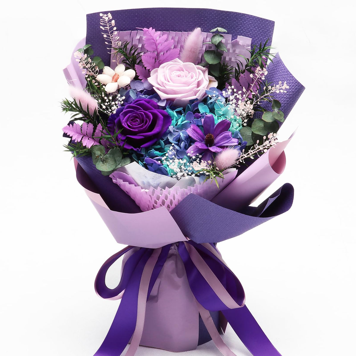 iLovDesign preserved roses bouquet in deep purple with gift box, ready to gift