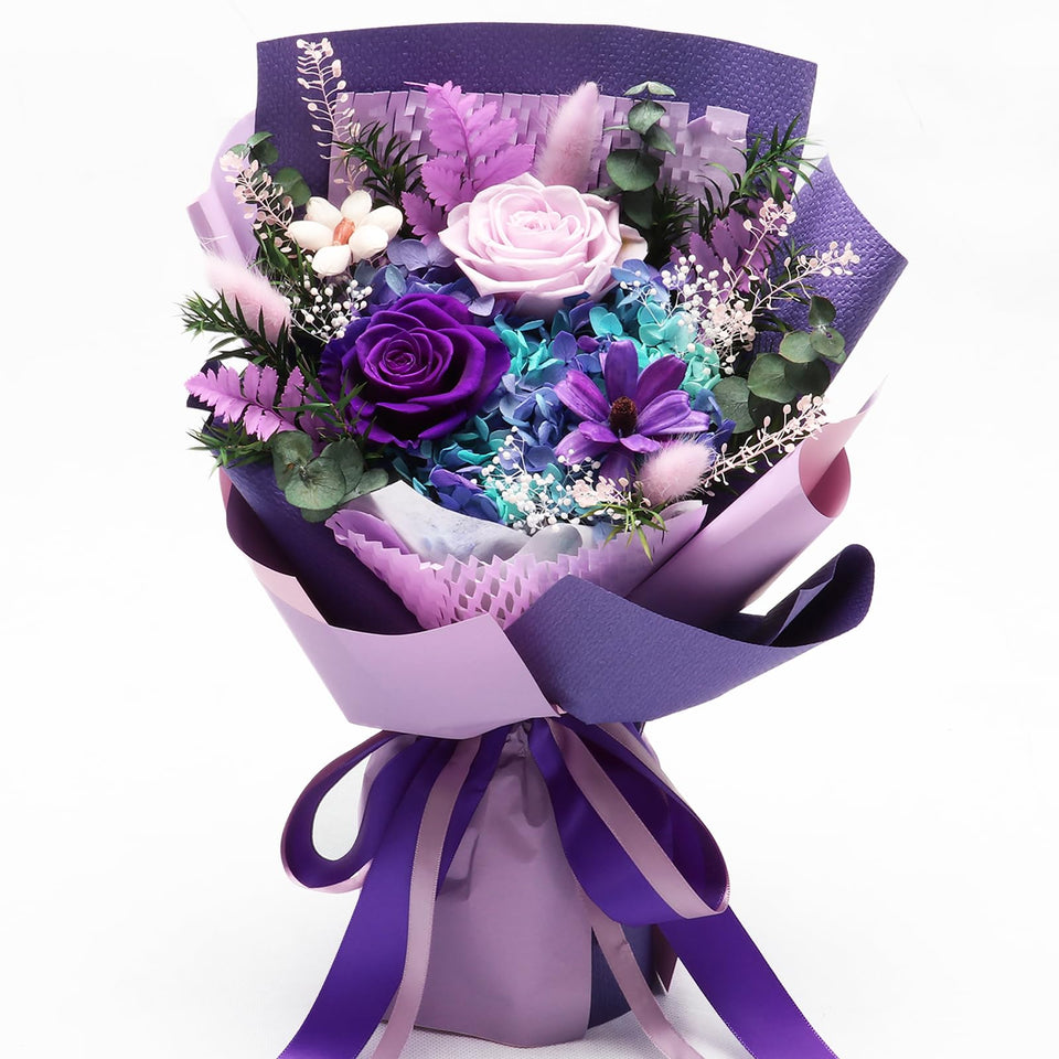 iLovDesign preserved roses bouquet in deep purple with gift box, ready to gift