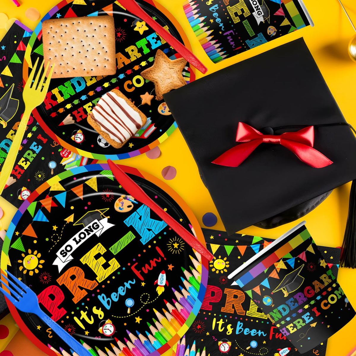 ILUIGGW multi-color tableware image, highlights a ready-to-host party kit.