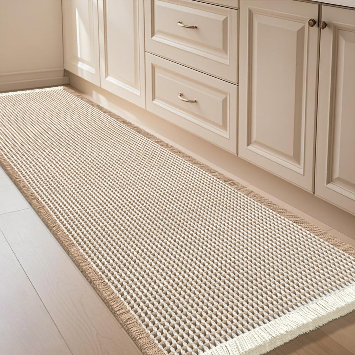 IM HOME Extra Large Waffle Bath Mat brown and cream, front view, high absorbency helps keep floors dry.