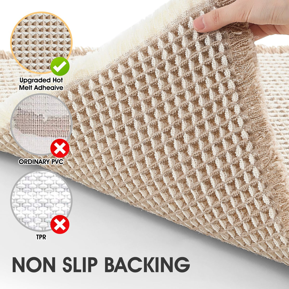 IM HOME Non-slip backing close-up highlights secure grip for safer bathroom footing.