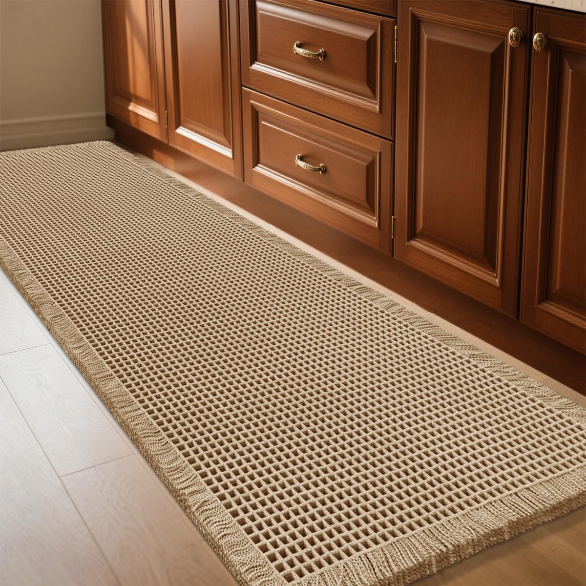 IM HOME waffle bath mat beige 5x2 showcases plush waffle texture for cozy, absorbent comfort.