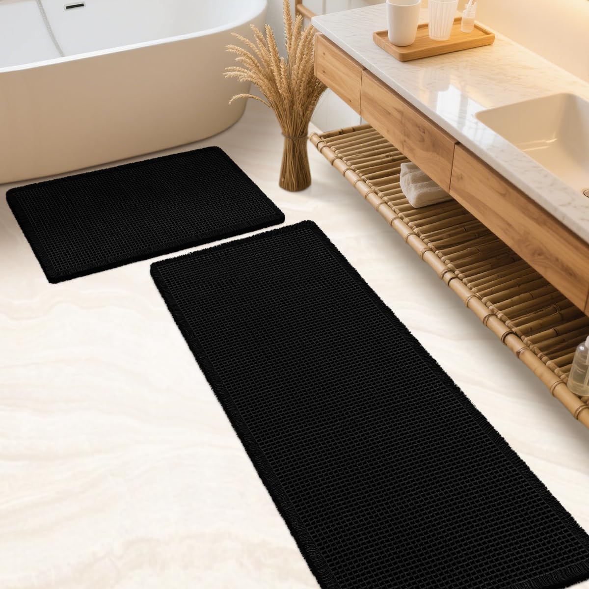 IM HOME waffle bath mat set in black, two-piece kit with plush, absorbent texture