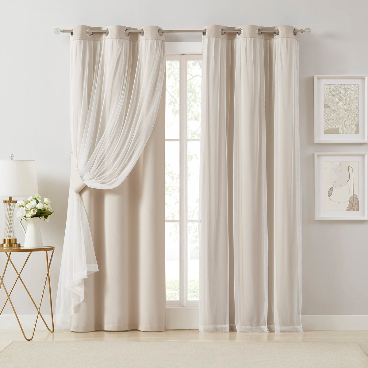 Bujasso Beige 90% Blackout Curtains with Sheer Overlay | 37x84 Double Layer