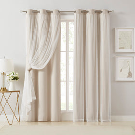 Bujasso Beige 90% Blackout Curtains with Sheer Overlay | 37x84 Double Layer