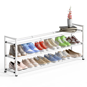 Bumusty 3-Tier Long Expandable Shoe Rack — 18-44 in Adjustable Closet Organizer, Holds 15-18 Pairs, White