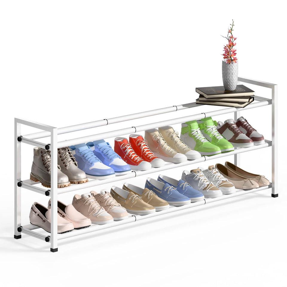 Bumusty 3-Tier Long Expandable Shoe Rack — 18-44 in Adjustable Closet Organizer, Holds 15-18 Pairs, White
