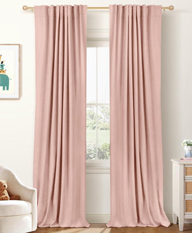 100% Blackout Shield Linen Blackout Curtains - 102-Inch Length, Blush Pink, 2 Panels Set, Back Tab & Rod Pocket