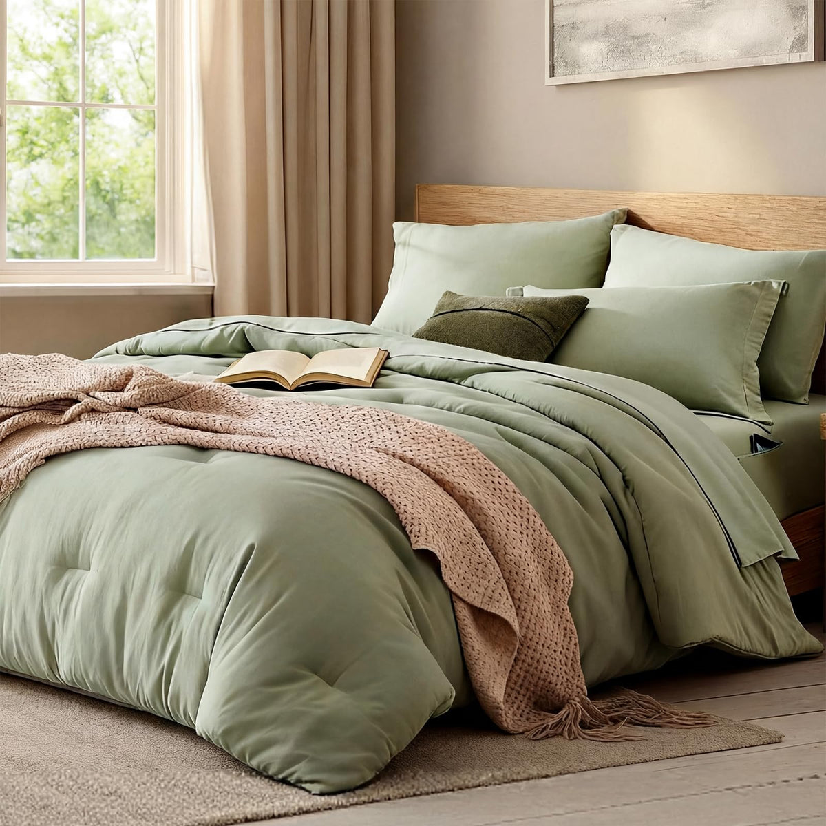 WRENSONGE Full Size 7-Piece Sage Green Comforter Set – Bed in a Bag