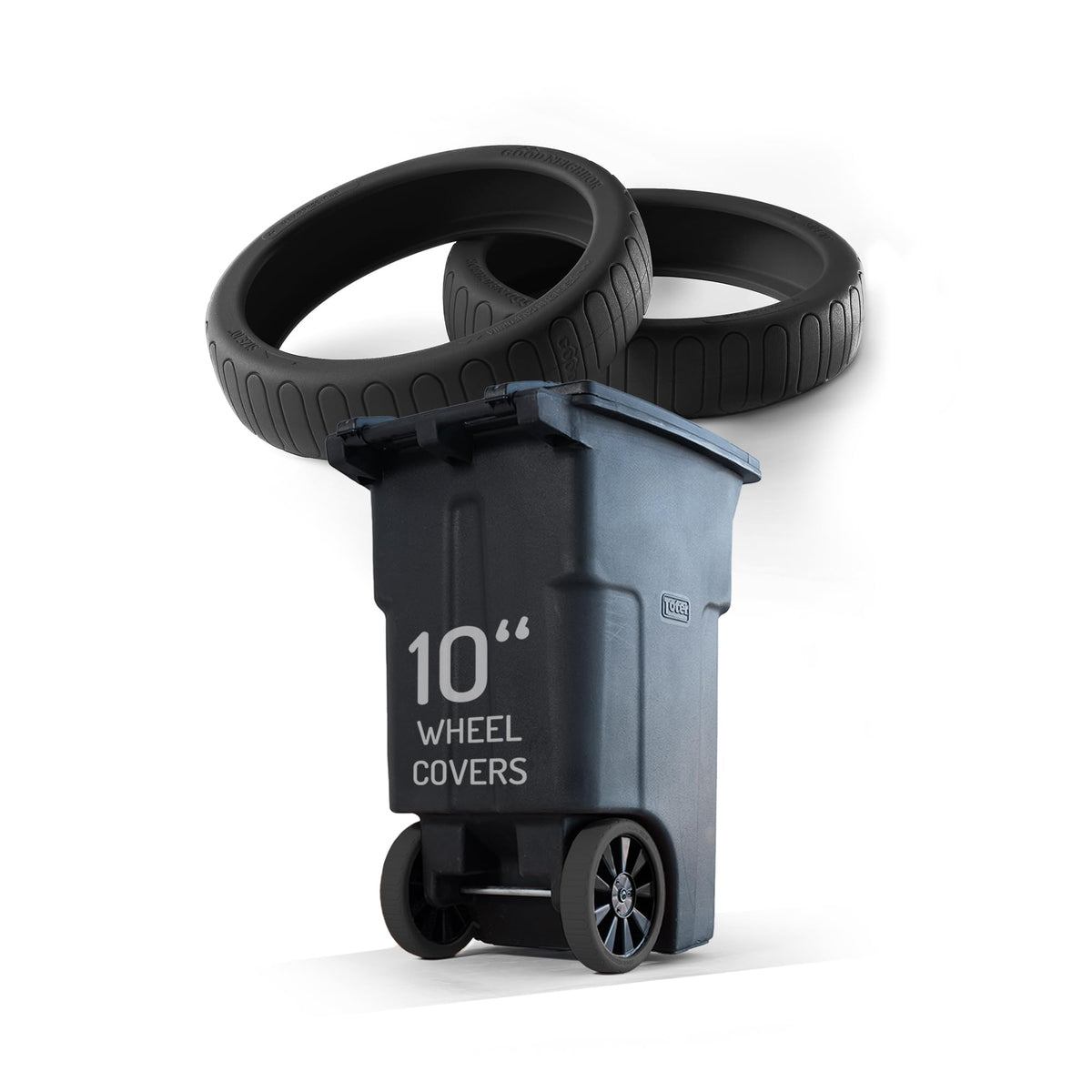 Good Neighbor Wheels - Original Quiet Trash Can Wheel Covers, 10in Silicone, Set of 2 (Black)