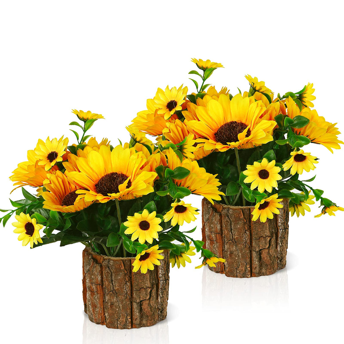 Lilithye Artificial Sunflower Flowers in Wood Stump Planter – Set of 2 (Yellow)