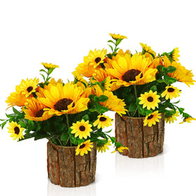Lilithye Artificial Sunflower Flowers in Wood Stump Planter – Set of 2 (Yellow)