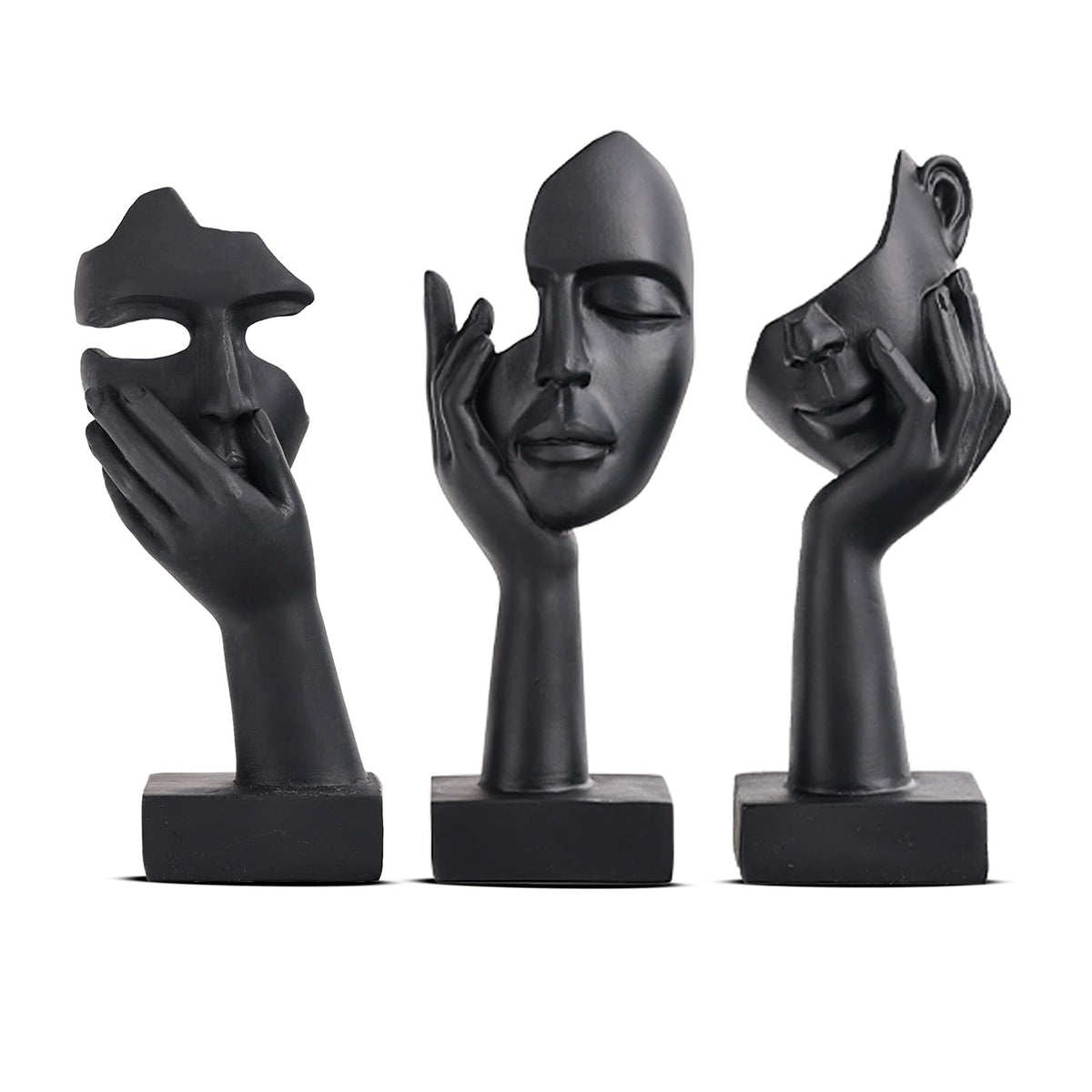 oliruim thinker statue abstract face black gold left pose enhances shelf decor.