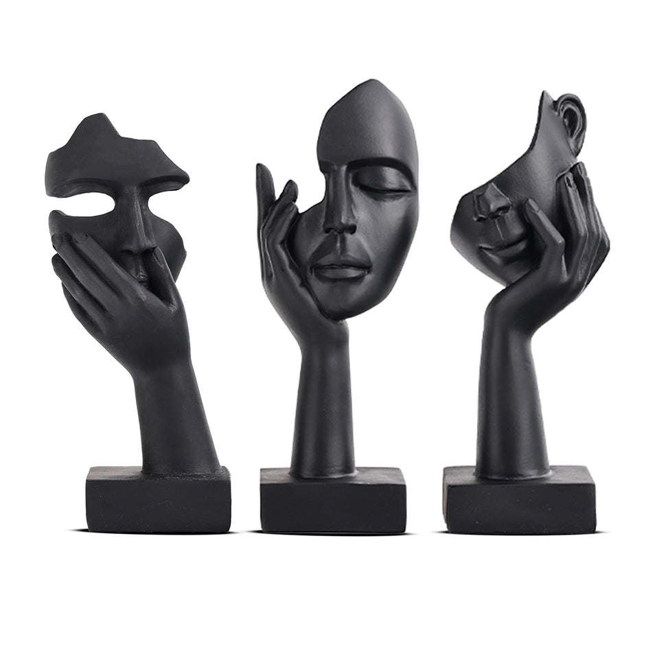 oliruim thinker statue abstract face black gold left pose enhances shelf decor.