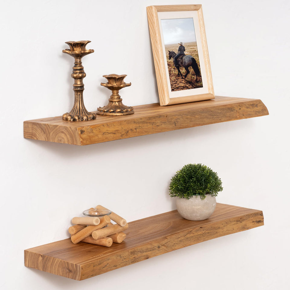 Marsmiles 24-Inch Floating Elm Wood Shelves – Live Edge Wall Shelves with Hidden Bracket (2 Pack)