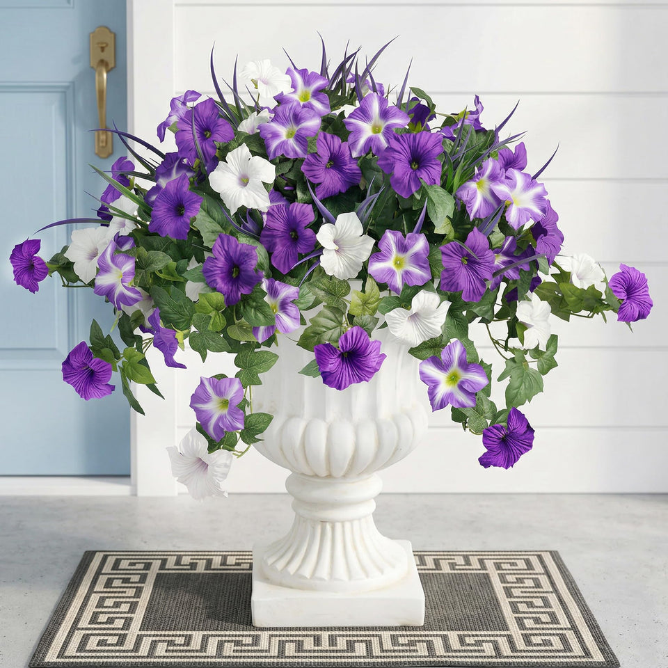 Unlemoni Outdoor Artificial Flowers – 6-Pack UV-Resistant Petunias & Grass for Balcony & Garden