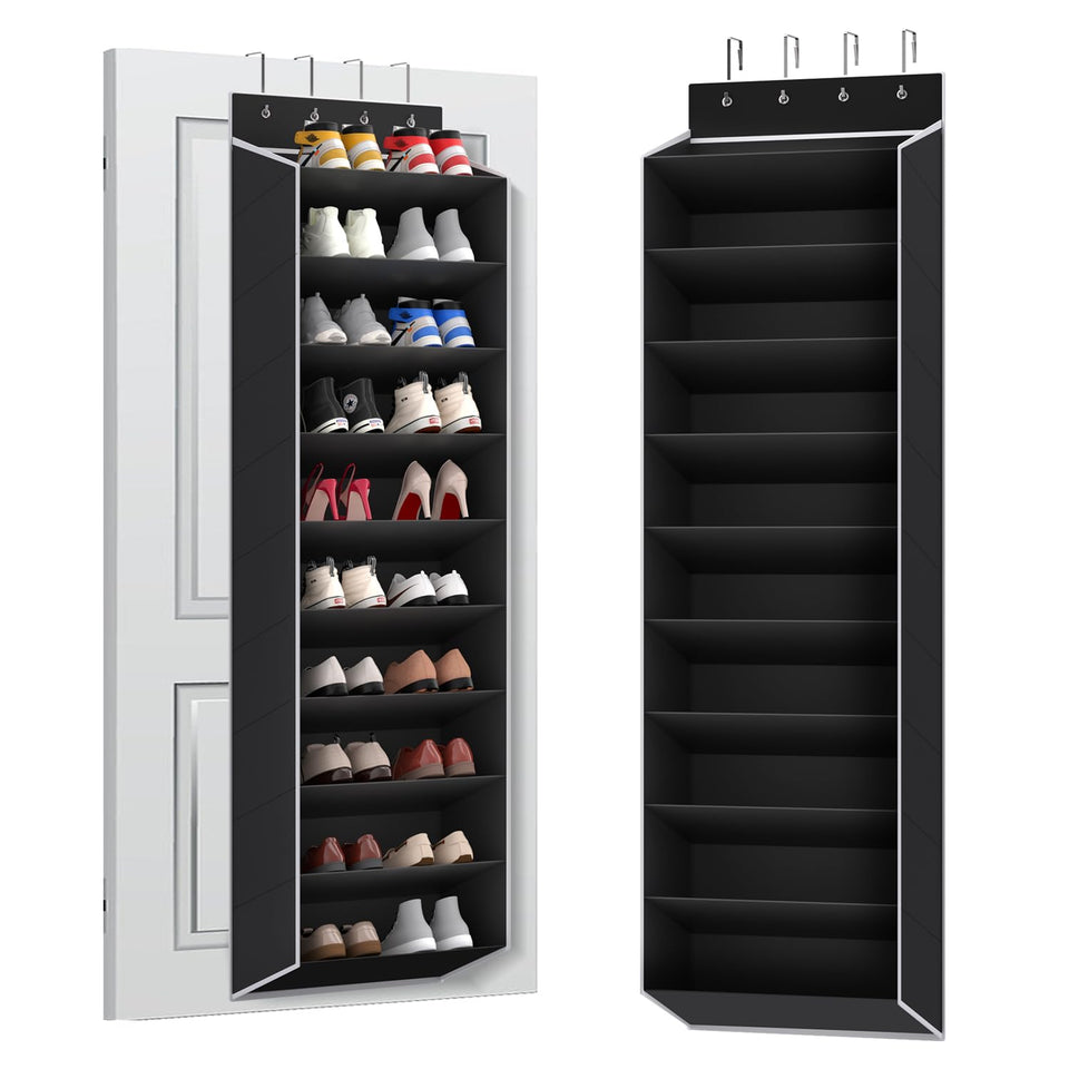 REGELETO 10-Tier Over-the-Door Shoe Organizer – Deep Pockets, Fits 20 Pairs, Door Mount (Black)