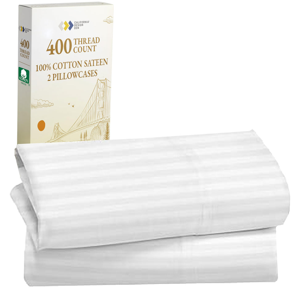 California Design Den King Size Pillowcase Set – 400 TC Cotton Sateen, 2-Piece, Striped Bright White