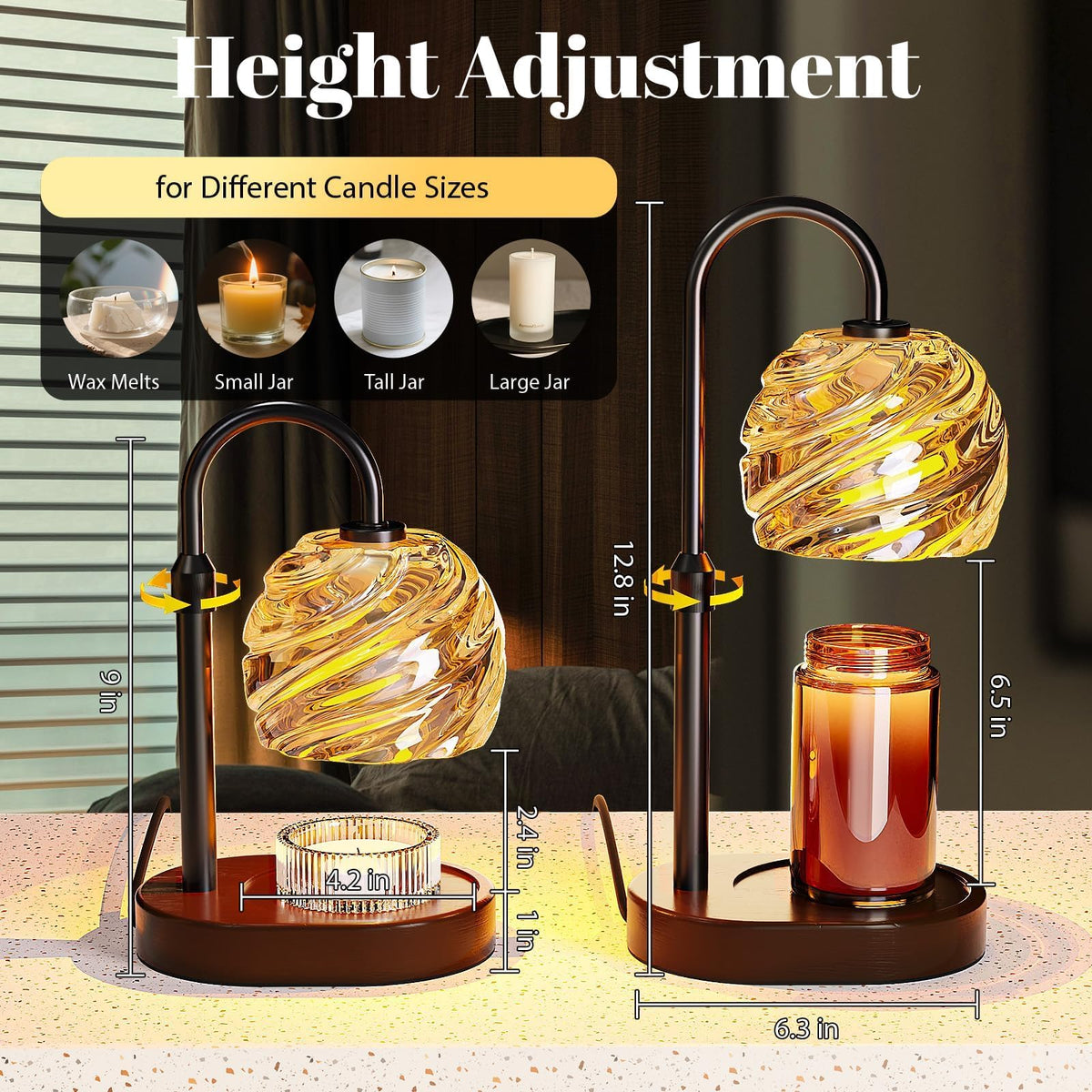 BlissWhisper Candle Warmer Lamp with Timer Dimmer | Height Adjustable, Safe Wax Melter, Black