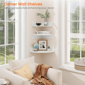 Homode floating corner shelves with wire hole for concealed cables and cleaner look.
